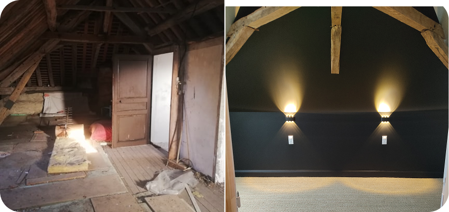avant après rénovation de comble amenagé en chambre